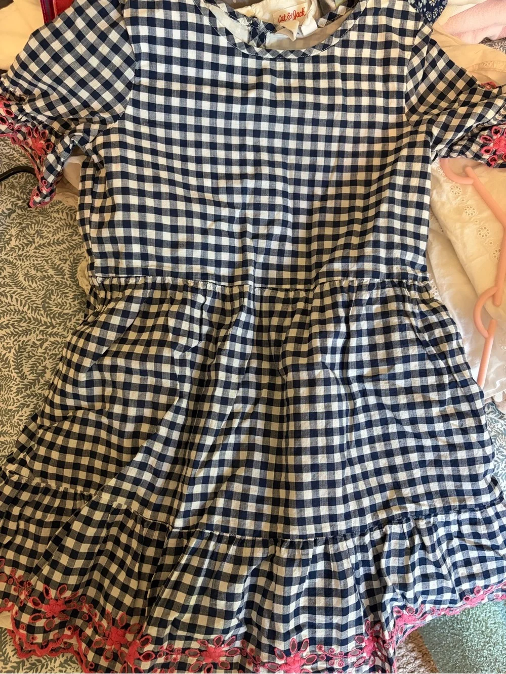 Gap x Sarah Jessica Parker navy white gingham dress with pink eyelet trim